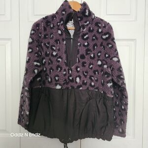 Live! Womens L/XL Purple Leopard Fleece & Nylon Pullover Jacket With Drawstring‎